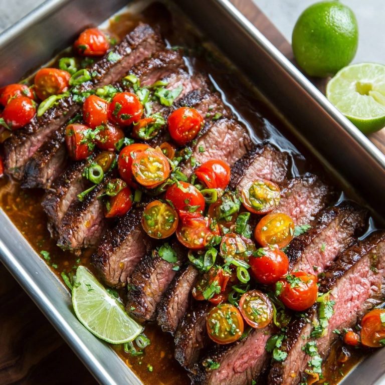 Saftiges Rindersteak mit Tomaten-Limetten-Salsa, serviert in einer Metallschale, garniert mit frischen Tomaten und Limetten. Die saftigen Steakstücke sind von oben zu sehen.