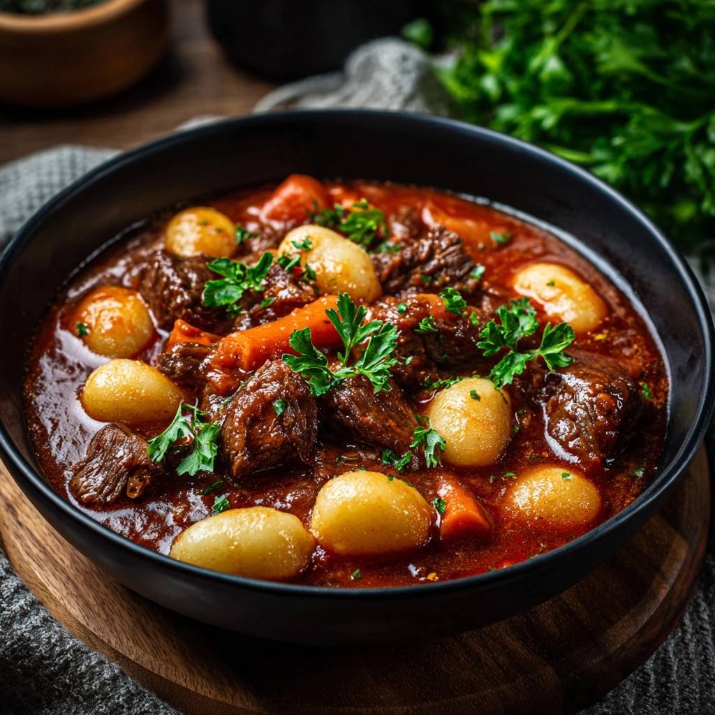 Saftiges Rindfleisch-Gulasch mit Perlzwiebeln, serviert in einer tiefen Schüssel, garniert mit frischer Petersilie und liebevoll angerichtet.