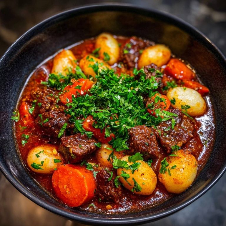 Saftiges Rindfleisch-Gulasch mit Perlzwiebeln, serviert in einer dunklen Schüssel, garniert mit frischer Petersilie, aus der Vogelperspektive fotografiert.