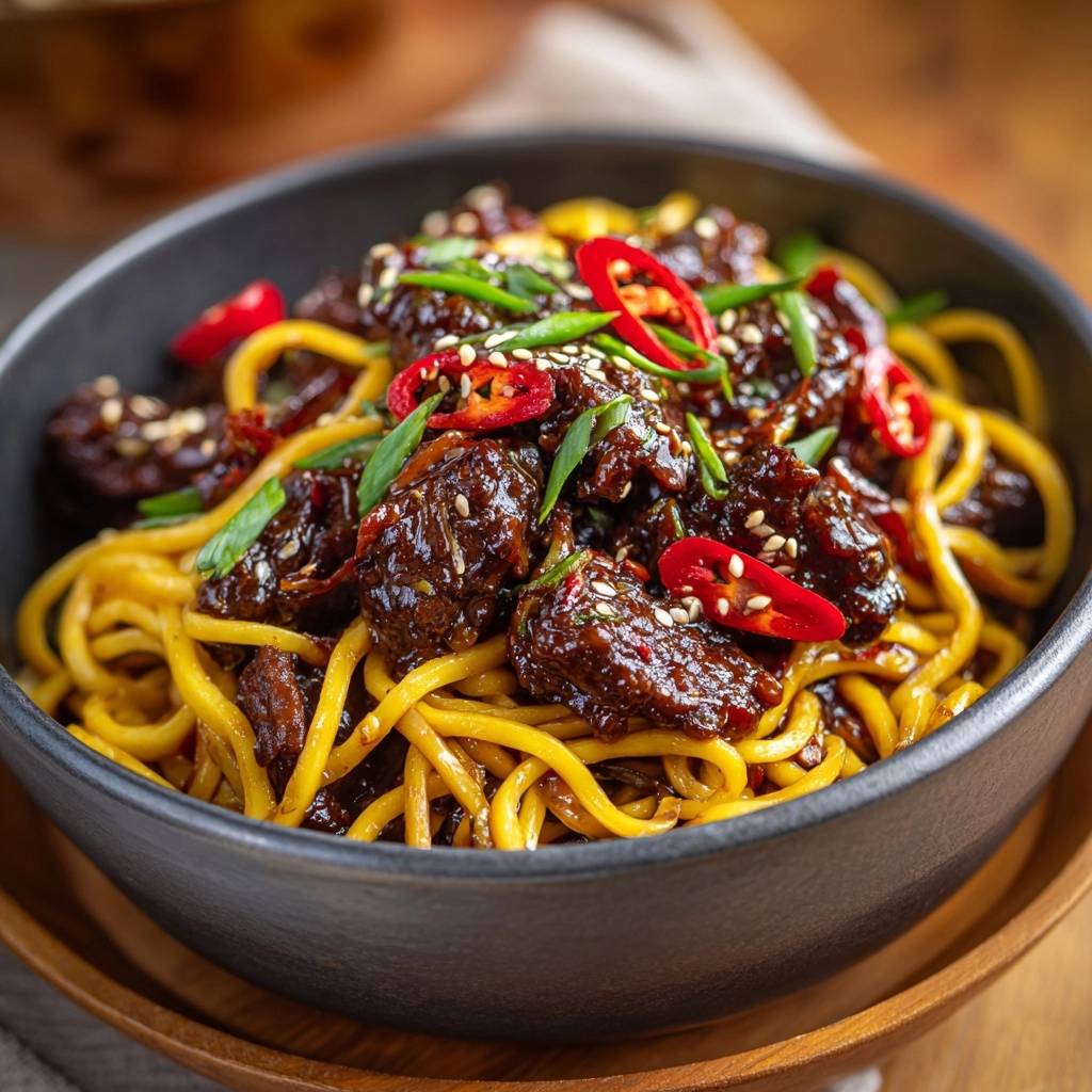Scharfe Rindfleisch Nudeln Detailaufnahme Serviert 1 Scharfe Rindfleisch-Nudeln in einer schwarzen Schüssel serviert, garniert mit frischen Chilischoten und Sesam.