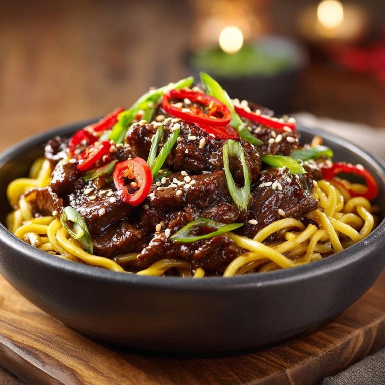 Scharfe Rindfleisch-Nudeln serviert in einer dunklen Schüssel, garniert mit Chili, Frühlingszwiebeln und Sesam. Ein köstliches asiatisches Gericht.