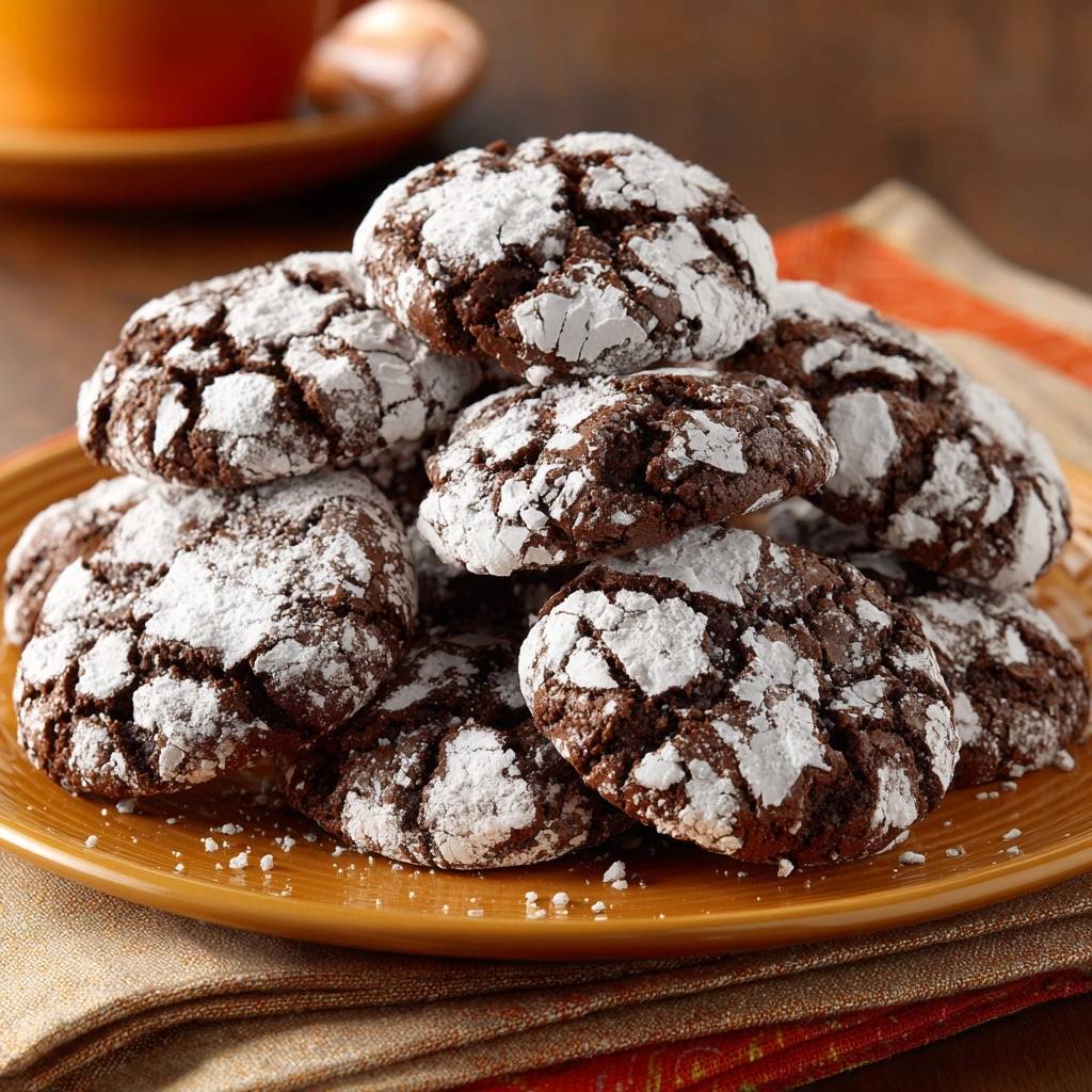 Schoko Crinkle Cookies Auf Teller Gestapelt 1 Schoko-Crinkle-Cookies, eine köstliche Stapel von Schokoladenkeksen, die auf einem orangefarbenen Teller serviert werden und mit Puderzucker bestäubt sind.