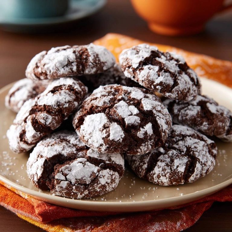 Schoko-Crinkle-Cookies auf einem Teller gestapelt, mit Puderzucker bestäubt und bereit zum Servieren. Die knusprigen Kekse sind ein Genuss.