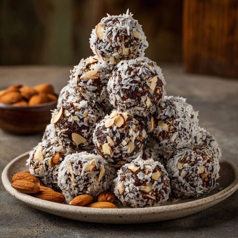 Schoko-Mandel-Energiebällchen sind hier als Pyramide auf einem Teller serviert. Diese gesunden Energiekugeln sind mit Kokosraspeln und Mandelsplittern verfeinert.