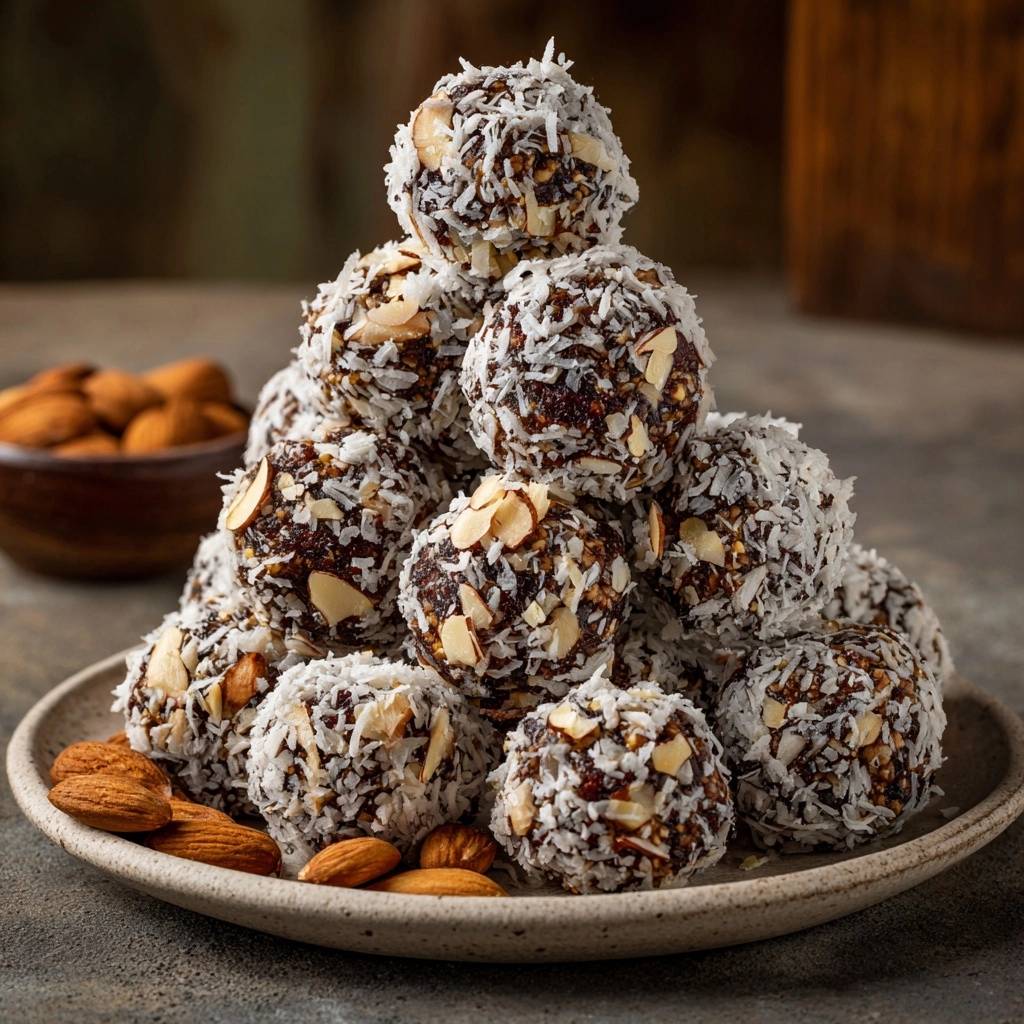 Schoko-Mandel-Energiebällchen sind hier als Pyramide auf einem Teller serviert. Diese gesunden Energiekugeln sind mit Kokosraspeln und Mandelsplittern verfeinert.