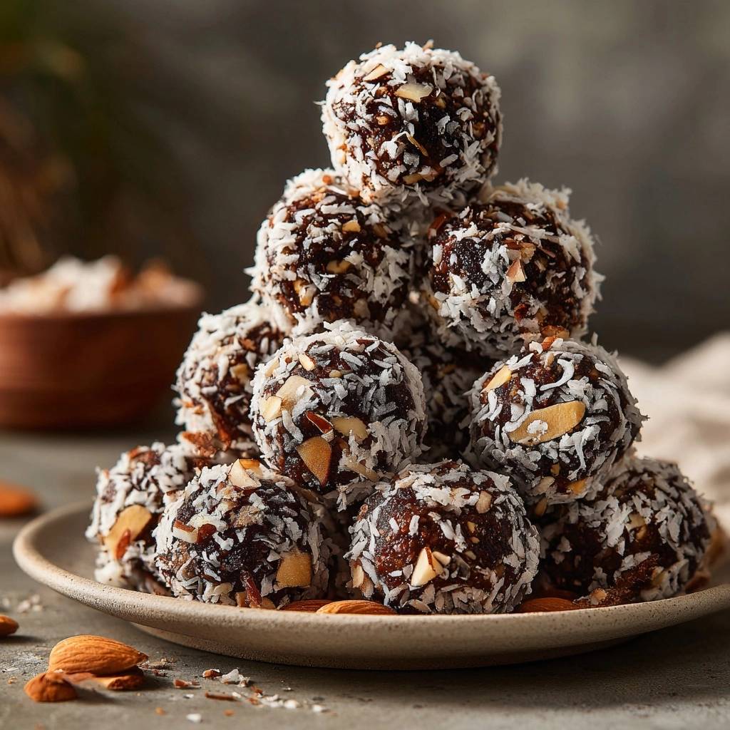 Schoko-Mandel-Energiebällchen sind hier in einer beeindruckenden Pyramidenform auf einem Teller serviert, mit Mandelsplittern und Kokosraspeln.