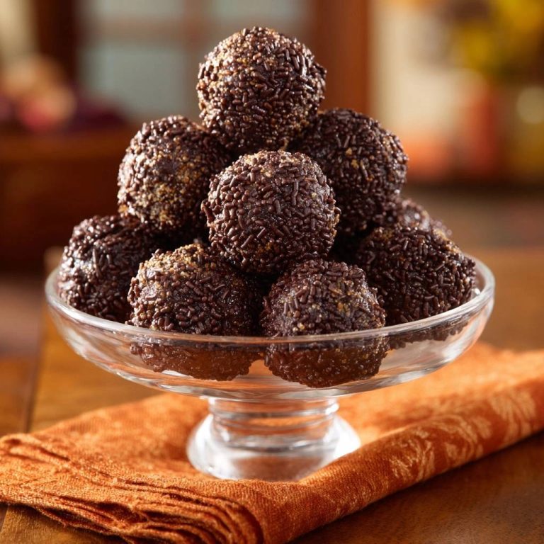 Schoko-Streusel-Trüffel serviert auf einer eleganten Glas-Etagere, präsentiert in Nahaufnahme auf einem rustikalen Holztisch. Die kleinen, schokoladigen Kugeln sind mit Streuseln bedeckt.