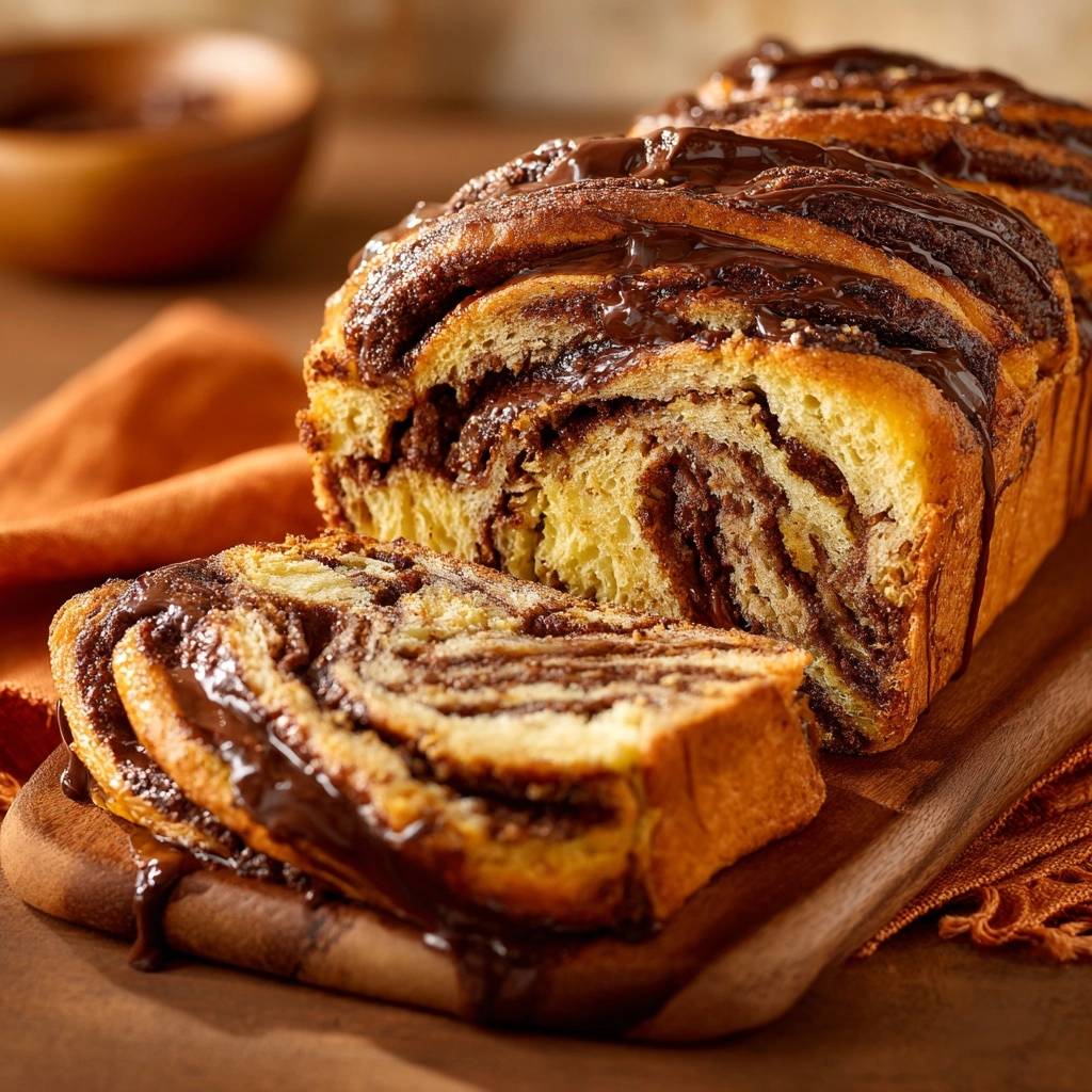 Schokoladen-Babka mit saftiger Schokoladenfüllung in Nahaufnahme, die den gewickelten Teig und die geschichteten Schichten zeigt.