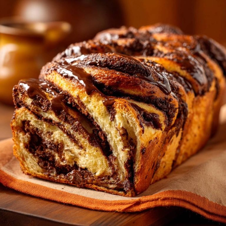 Schokoladen-Babka im Nahaufnahme-Querschnitt, der die Schokoladenwirbel und die Struktur des frisch gebackenen Hefeteigs zeigt.