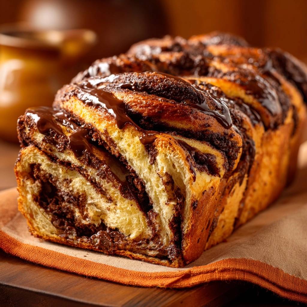 Schokoladen-Babka im Nahaufnahme-Querschnitt, der die Schokoladenwirbel und die Struktur des frisch gebackenen Hefeteigs zeigt.