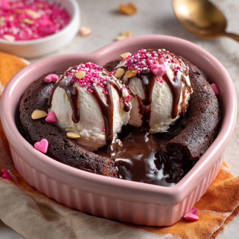 Schokoladen-Lava-Kuchen mit Vanilleeis, serviert in einer herzförmigen Form, mit geschmolzener Schokolade und Eiscreme bedeckt.