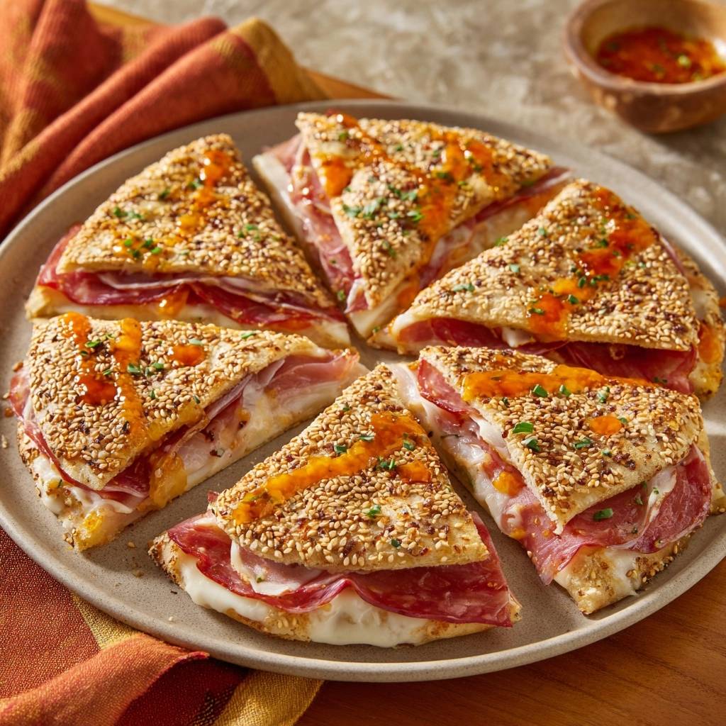 Sesam-Salami-Fladenbrot Ecken von oben betrachtet, auf einem Teller serviert und mit einem süßen Chilisauce-Drizzle beträufelt.