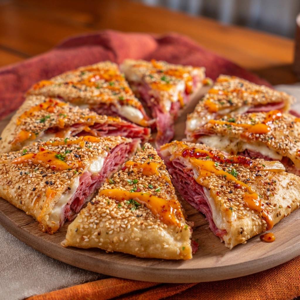 Sesam-Salami-Fladenbrot Ecken im Querschnitt zeigen die saftige Füllung und die knusprige Sesamkruste. Die Fladenbrotecken sind mit einem scharfen Dressing verziert.