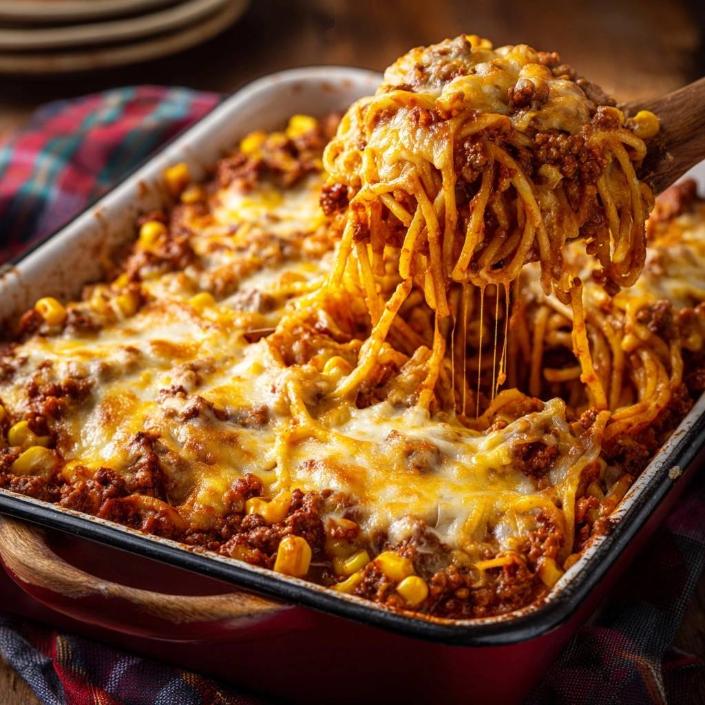Spaghetti Hack Auflauf Mit Kaese Portion Auf Loeffel 1 Spaghetti-Hack-Auflauf mit Mais und Käse, frisch aus dem Ofen, wird auf einem Holzlöffel serviert, mit geschmolzenem Käse.