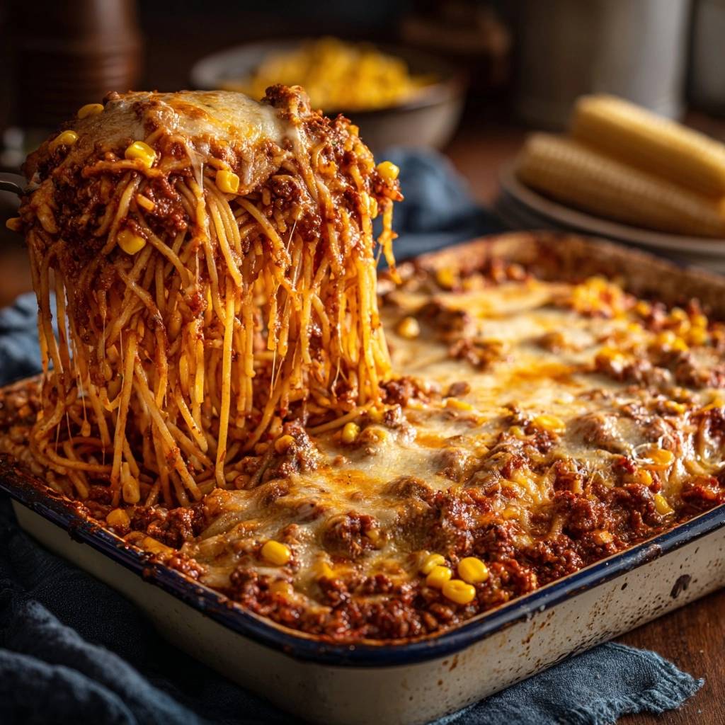 Spaghetti-Hack-Auflauf mit Mais und Käse, frisch aus dem Ofen, mit einer Portion, die Käse und Nudeln in die Höhe hebt.