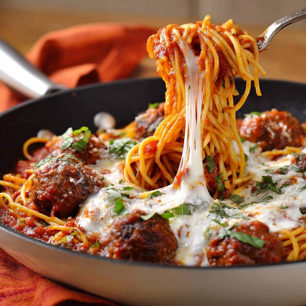 Spaghetti mit saftigen Fleischbällchen, serviert in einer Pfanne, mit geschmolzenem Käse und einem langen Käsefaden, der aus der Gabel gezogen wird.