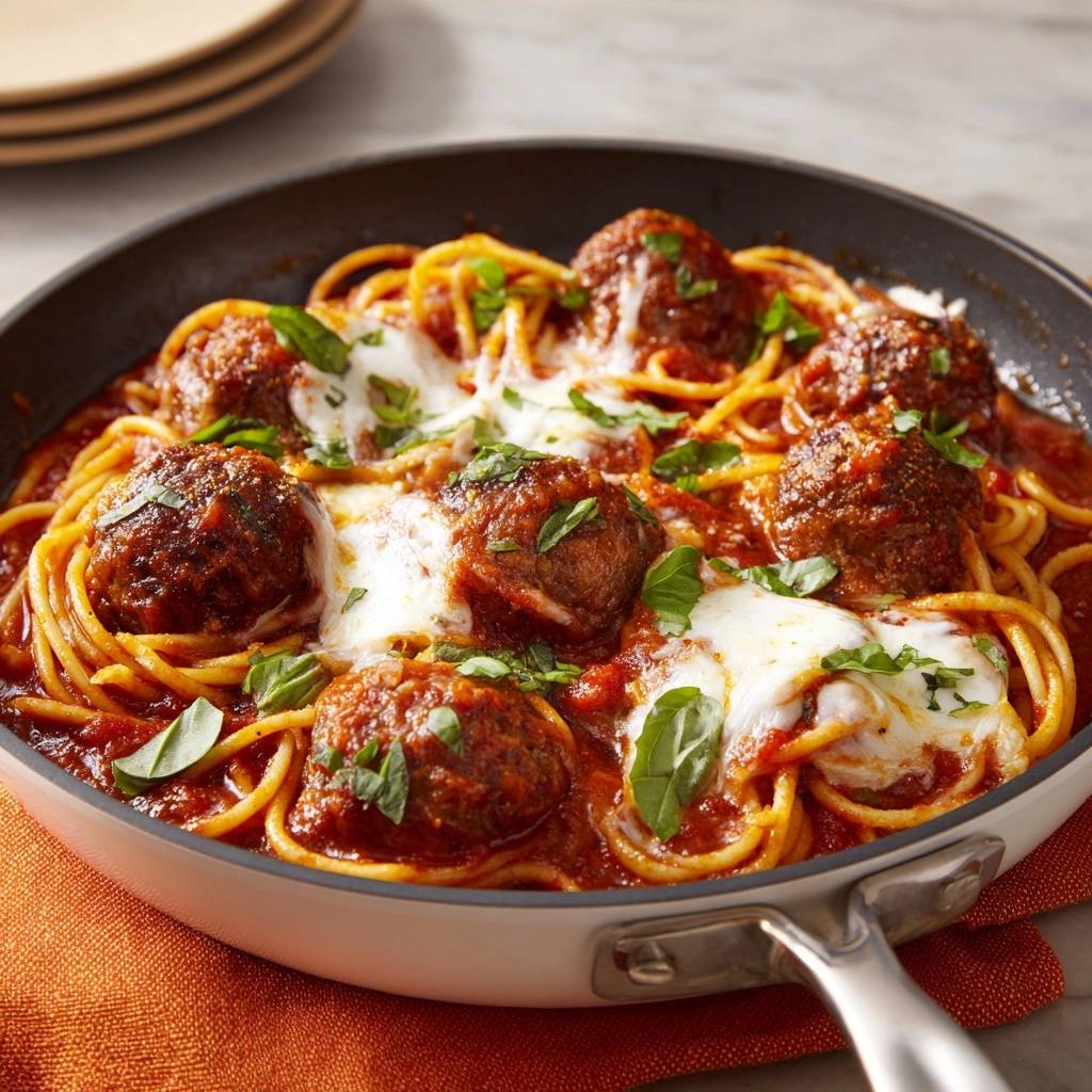Spaghetti mit saftigen Fleischbällchen, serviert in einer Pfanne, mit geschmolzenem Käse und frischen Basilikumblättern garniert.