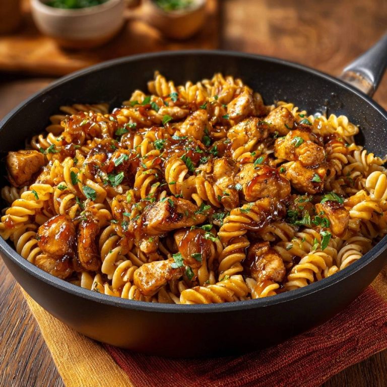 Teriyaki-Hähnchen-Fusilli in einer schwarzen Pfanne serviert, mit saftigen Hähnchenstücken und frischer Petersilie garniert.