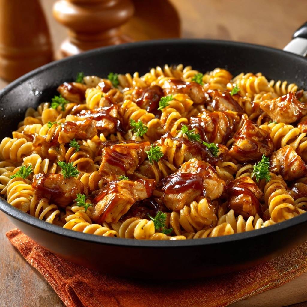 Teriyaki Huhnchen Fusilli In Pfanne Draufsicht 1 Teriyaki-Hähnchen-Fusilli, serviert in einer Pfanne, mit saftigem Hähnchen und Fusilli-Nudeln, garniert mit frischer Petersilie.