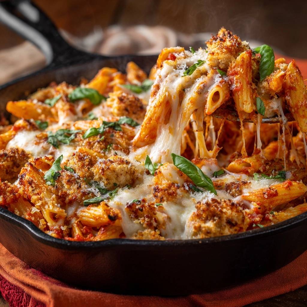 Überbackene Penne mit knuspriger Tomaten-Käse-Kruste in Nahaufnahme, wobei der geschmolzene Käse zwischen den Nudeln gezogen wird.