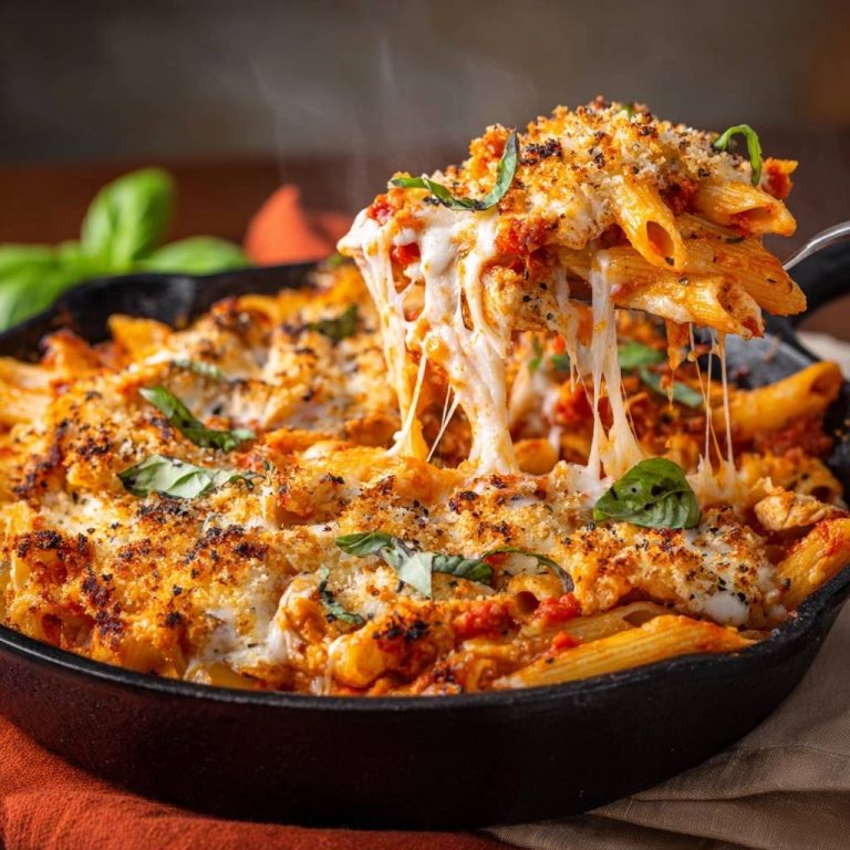 Überbackene Penne mit knuspriger Tomaten-Käse-Kruste in Nahaufnahme: Geschmolzener Käse wird von einer Gabel gehoben und zieht Fäden.