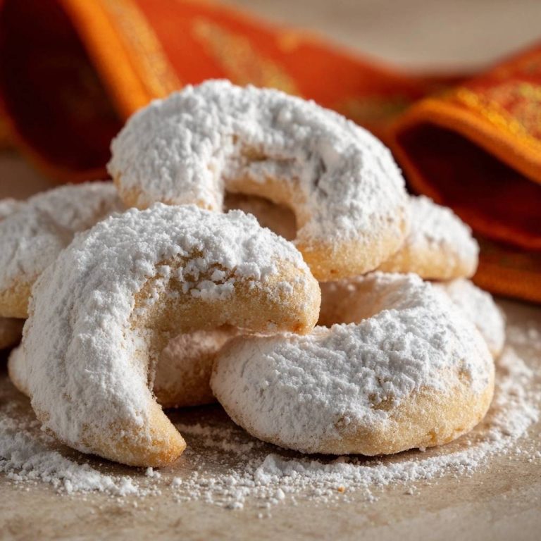 Vanillekipferl in Nahaufnahme, reichlich mit Puderzucker bestäubt, als köstliche Weihnachtsplätzchen präsentiert.