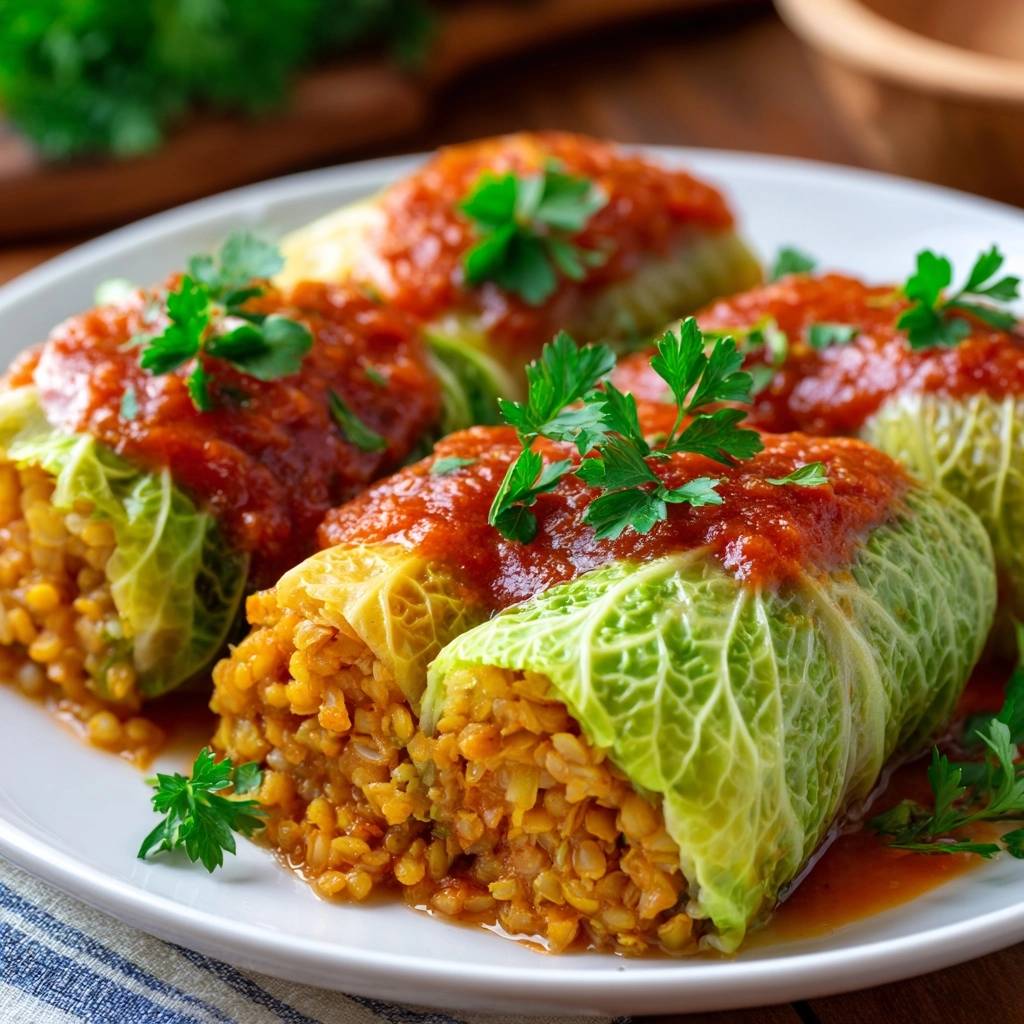 Vegetarische Kohlrouladen mit Linsencurry-Füllung serviert auf einem weißen Teller, garniert mit frischer Petersilie und Tomatensauce.