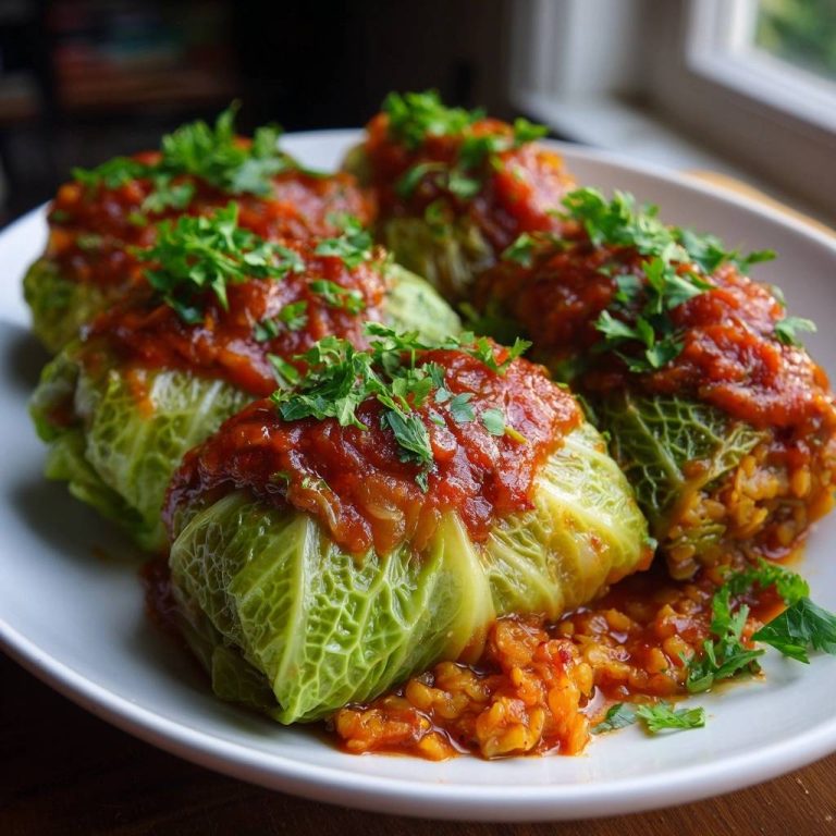 Vegetarische Kohlrouladen mit Linsencurry-Füllung serviert auf einem weißen Teller, garniert mit frischer Petersilie und Tomatensoße.
