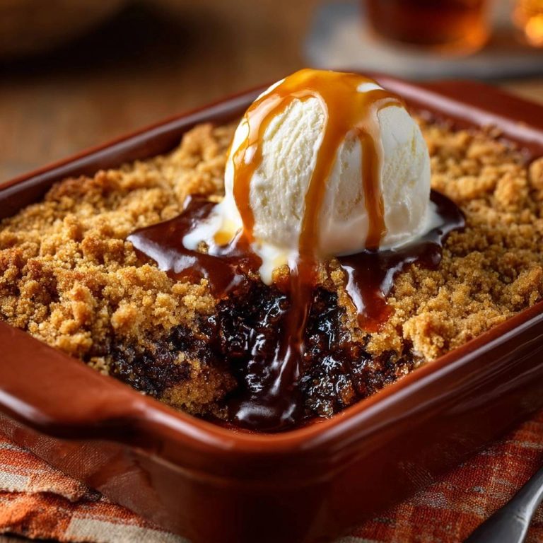 Warmer Apfel-Zimt-Crumble mit einer Kugel Eis serviert, bedeckt mit Karamellsauce, in einer kleinen Auflaufform angerichtet.