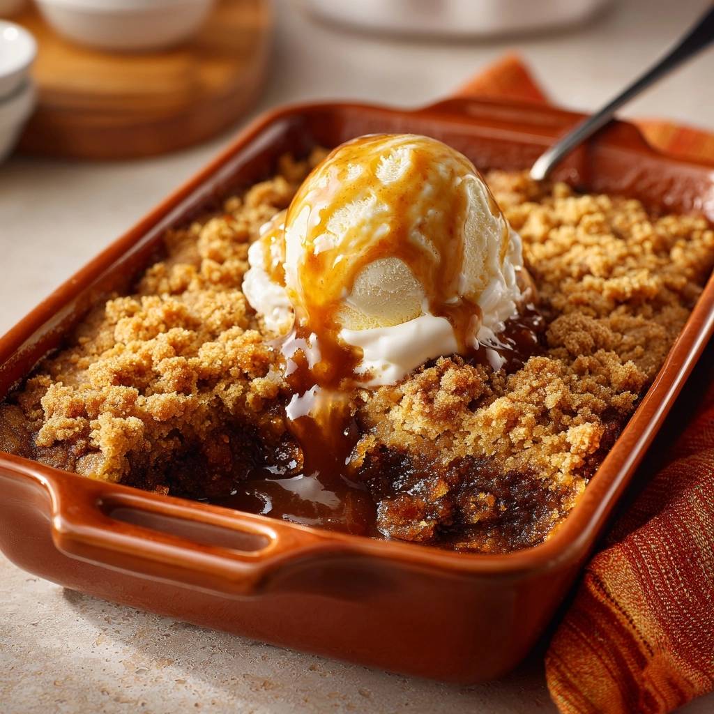 Warmer Apfel-Zimt-Crumble serviert mit einer Kugel Vanilleeis und karamellisiertem Topping, ein köstliches Dessert.