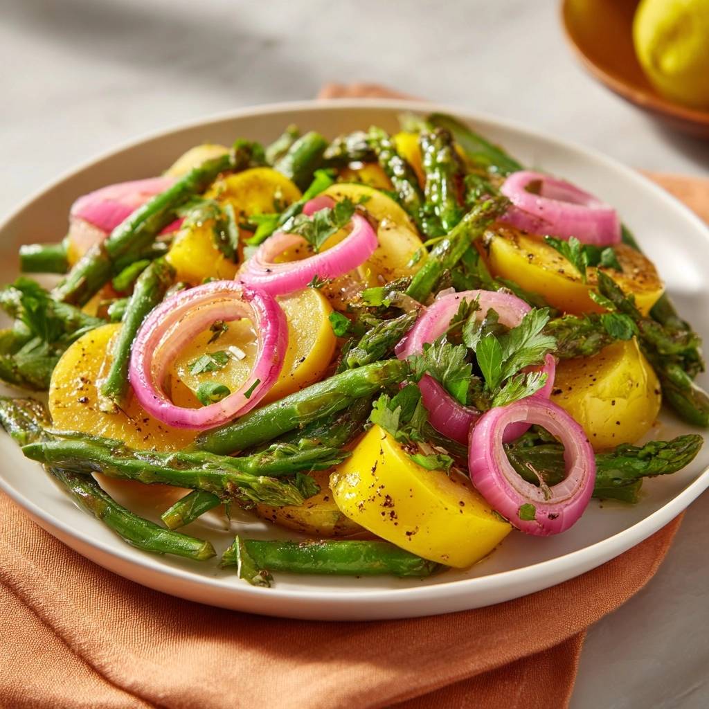 Warmer Spargel Kartoffel Salat Draufsicht 1 Warmer Spargel-Kartoffel-Salat draufsicht, serviert auf einem Teller. Köstlicher Salat mit Spargel, Kartoffeln und roten Zwiebeln, garniert mit frischer Petersilie.