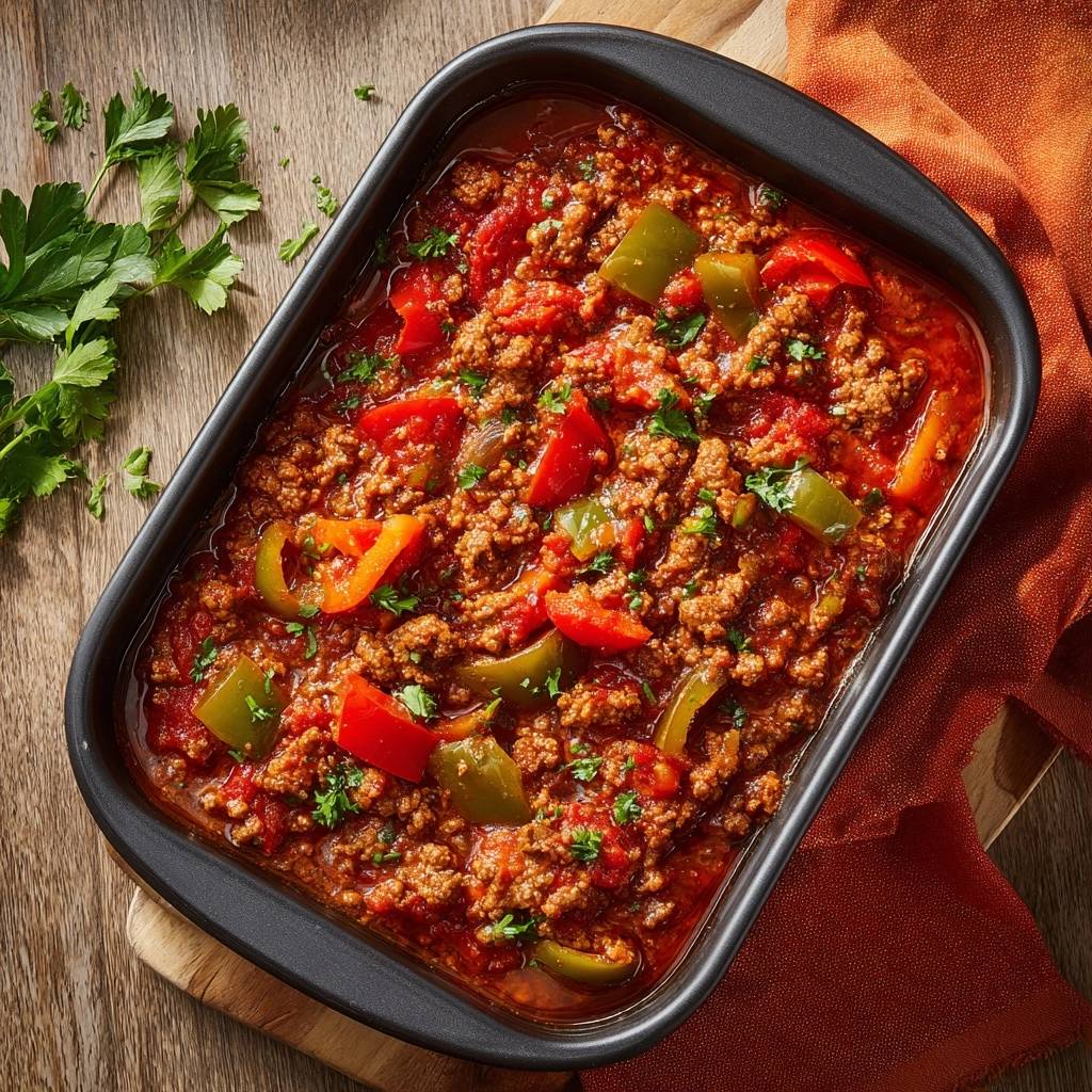 Wuerziger Paprika Hack Auflauf Von Oben 1 Würziger Paprika-Hack-Auflauf serviert in einer Auflaufform, mit Paprika und Kräutern garniert. Ein herzhaftes Gericht, perfekt für das Abendessen.