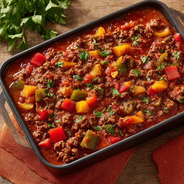 Würziger Paprika-Hack-Auflauf von oben: Eine herzhafte Auflaufform mit Hackfleisch, Paprika und frischer Petersilie.