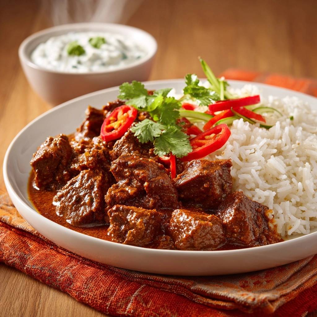 Zartes Rinder-Gulasch mit Basmati-Reis serviert auf einem weißen Teller, neben dampfendem Reis und frischen Garnierungen.