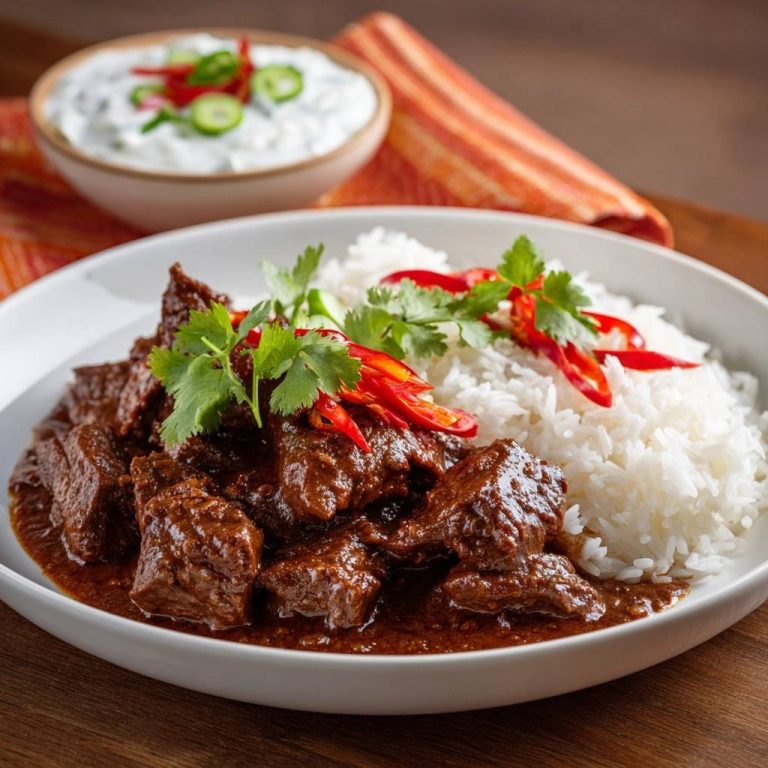 Zartes Rinder-Gulasch mit Basmati-Reis serviert in einer weißen Schüssel, garniert mit frischem Koriander und Chili. Ein köstliches Gericht für Genießer.