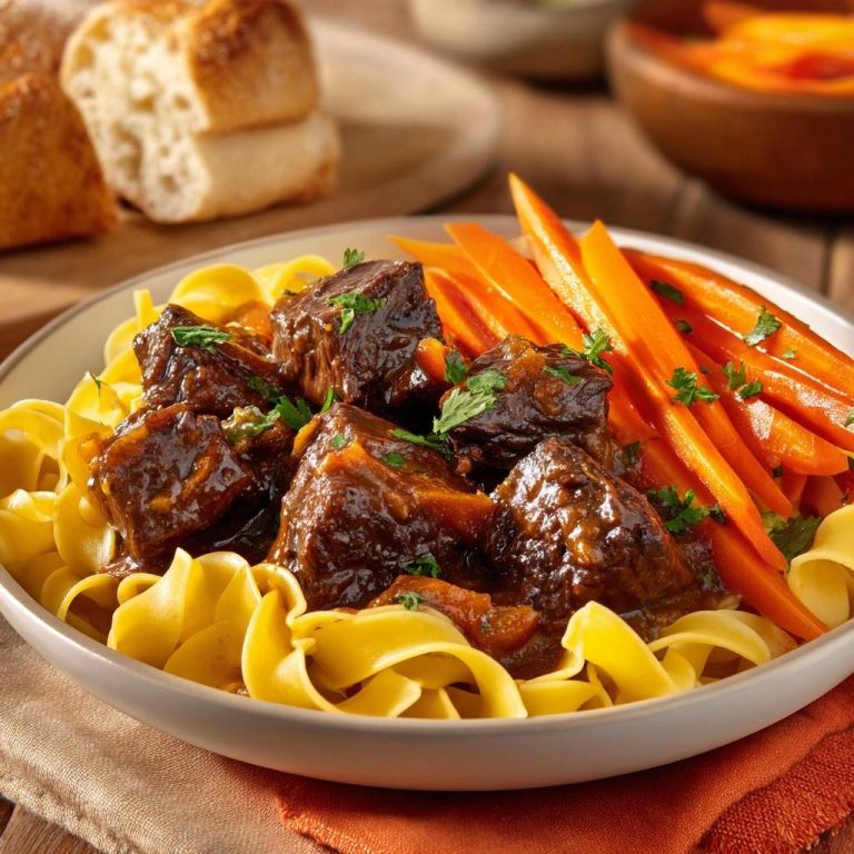 Zartes Rindergulasch mit Eiernudeln, serviert auf einem Teller mit Eiernudeln und gedünsteten Karotten, ein köstliches Gericht.