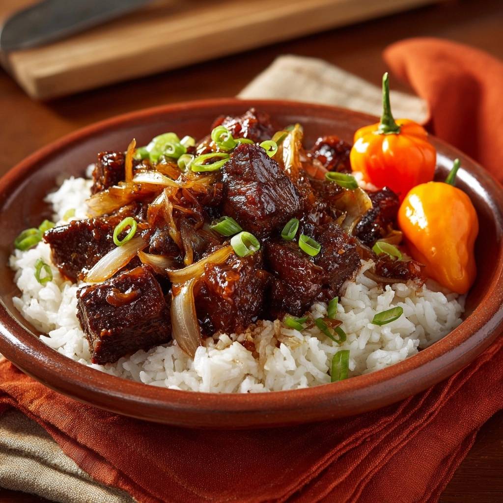 Zartes Rindfleisch-Stir-Fry mit karamellisierten Zwiebeln, serviert in einer rustikalen Schüssel, garniert mit frischen Frühlingszwiebeln und Chili.