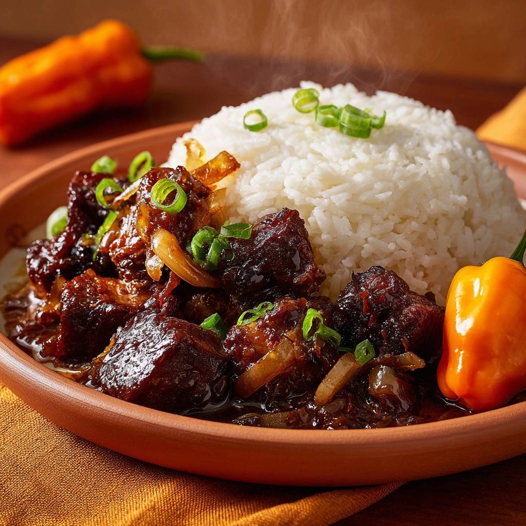 Zartes Rindfleisch-Stir-Fry mit karamellisierten Zwiebeln serviert in einer Schüssel mit Reis, garniert mit frischen Kräutern und Paprika.