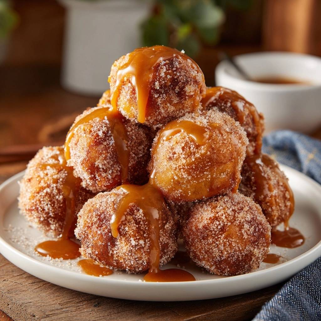 Zimtzucker-Donut-Bites mit Karamellsauce in einer köstlichen Draufsicht, mit reichlich Karamell-Guss und Zimtzucker.