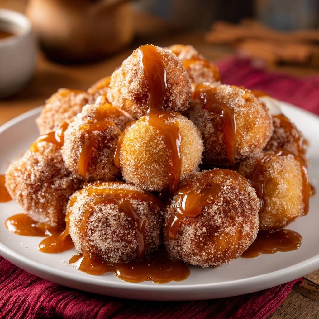 Zimtzucker-Donut-Bites mit Karamellsauce in einer Nahaufnahme, überzogen mit reichlich Karamell und Zimtzucker. Die goldbraunen, frittierten Teigbällchen sind auf einem Teller gestapelt.