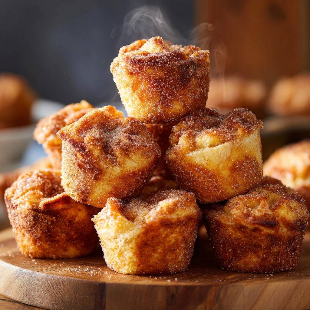 Zimtzucker-Muffins, frisch aus dem Ofen, dampfen verführerisch auf einem Holzbrett. Die fluffigen Muffins sind mit Zimt und Zucker bestreut.