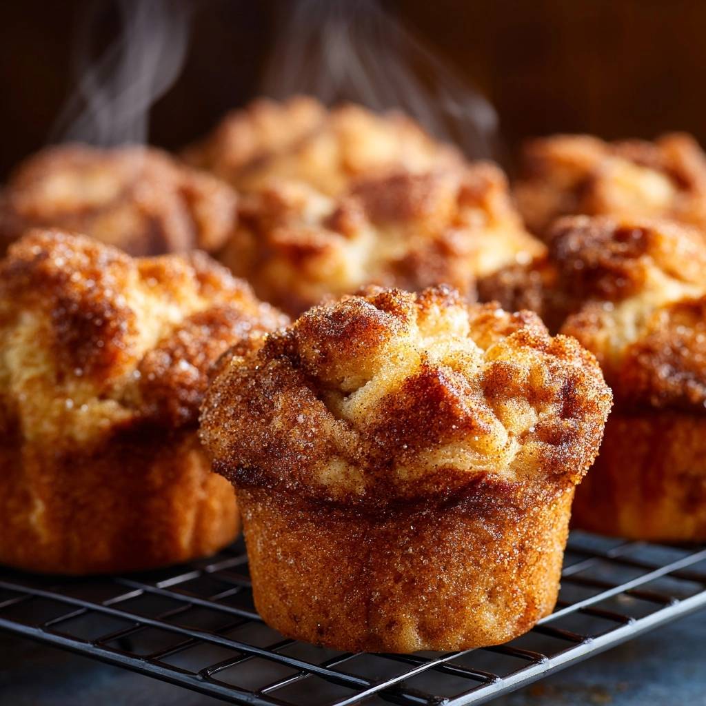 Zimtzucker-Muffins, frisch gebacken und dampfend auf einem Kühlgitter. Diese fluffigen Muffins sind mit Zimt und Zucker bestreut.
