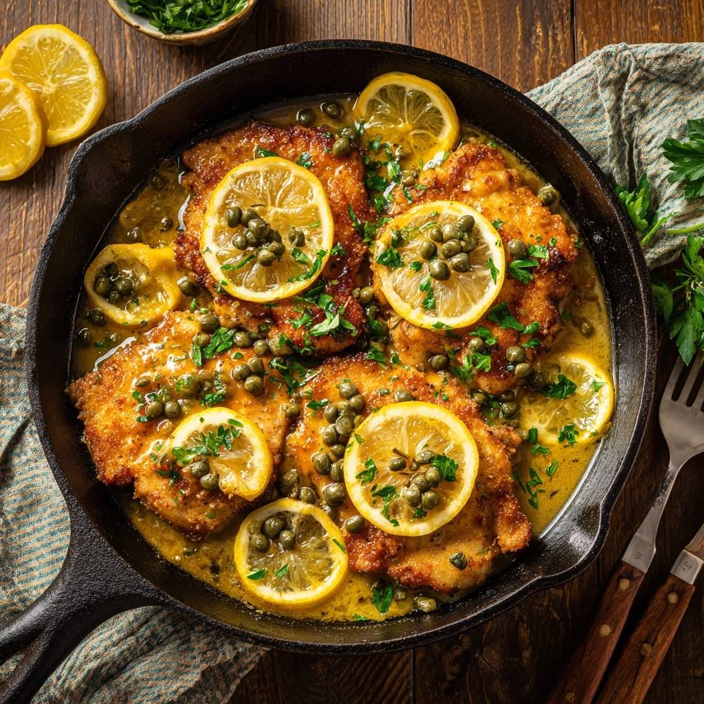 Zitronen-Hähnchen Piccata in einer gusseisernen Pfanne, serviert mit Kapern, frischer Petersilie und knusprigen, goldbraunen Schnitzeln.