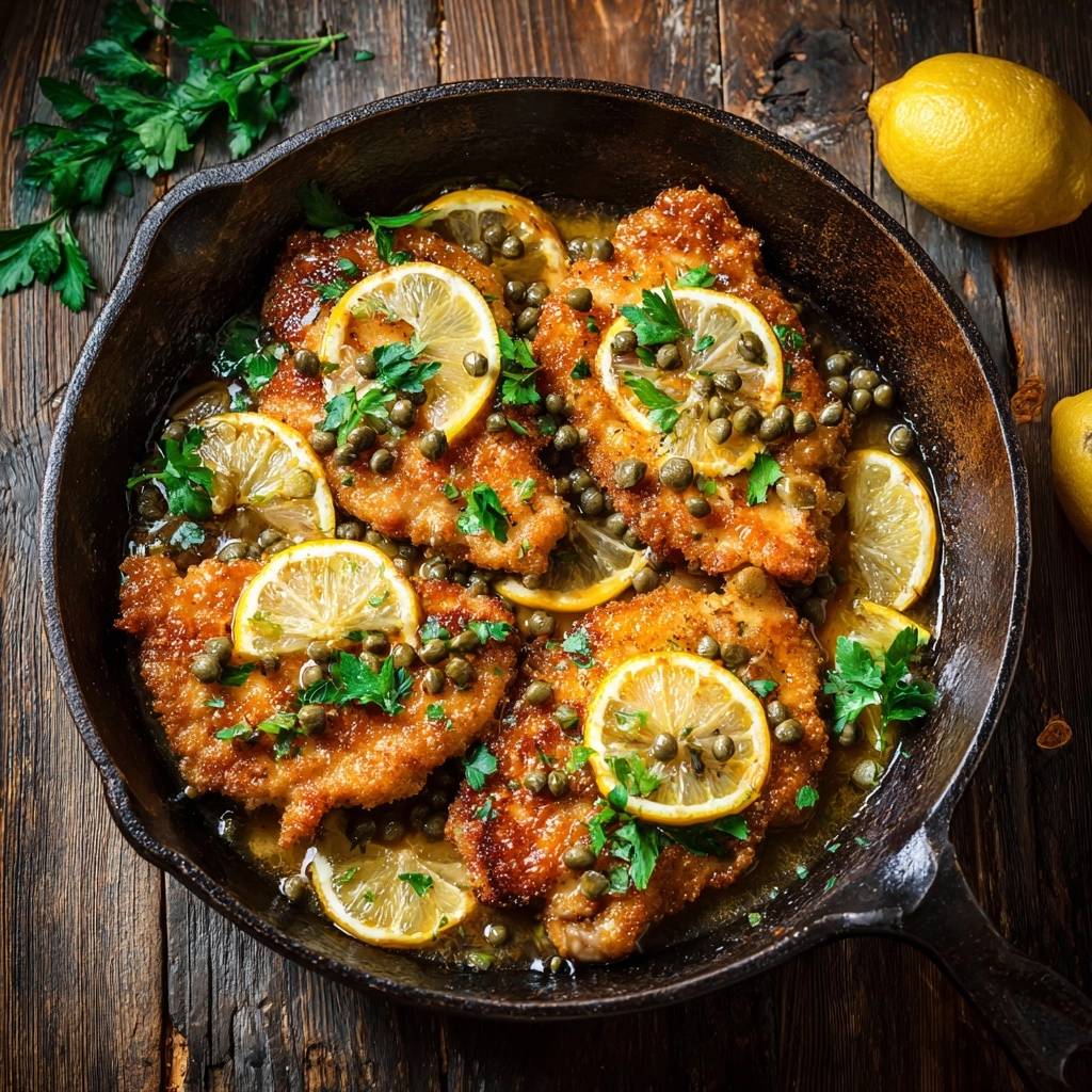 Zitronen Huhn Piccata Draufsicht Serviert 1 Zitronen-Hähnchen Piccata in einer gusseisernen Pfanne serviert, garniert mit Zitronenscheiben, Kapern und frischer Petersilie.