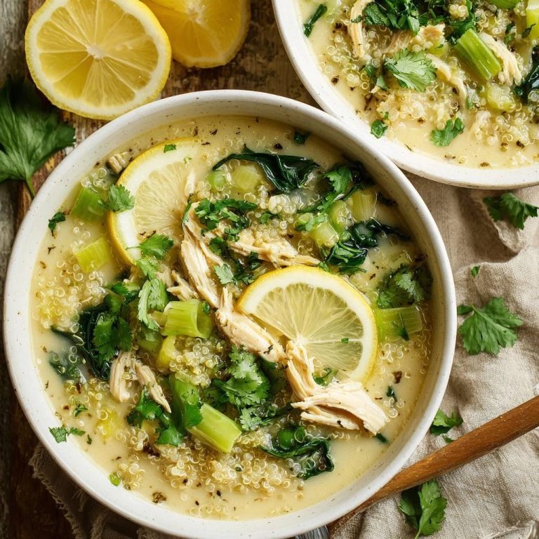 Zitronen-Hähnchen-Suppe mit Quinoa: Cremig und proteinreich, serviert in Schalen, garniert mit frischer Petersilie und Zitronenscheiben.