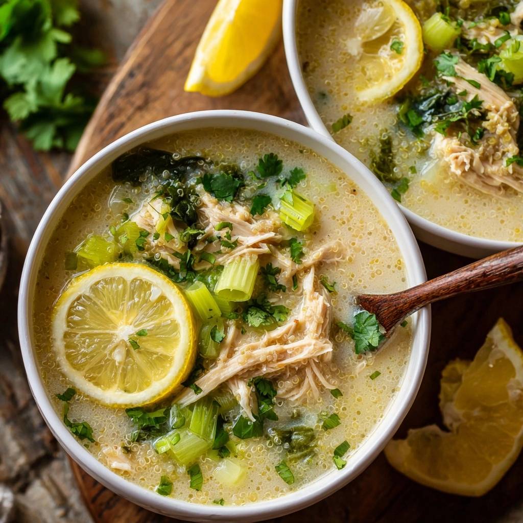 Zitronen Huhn Suppe Mit Quinoa Serviert 1 Zitronen-Hähnchen-Suppe mit Quinoa serviert in einer Schüssel, garniert mit frischer Petersilie und einer Zitronenscheibe.