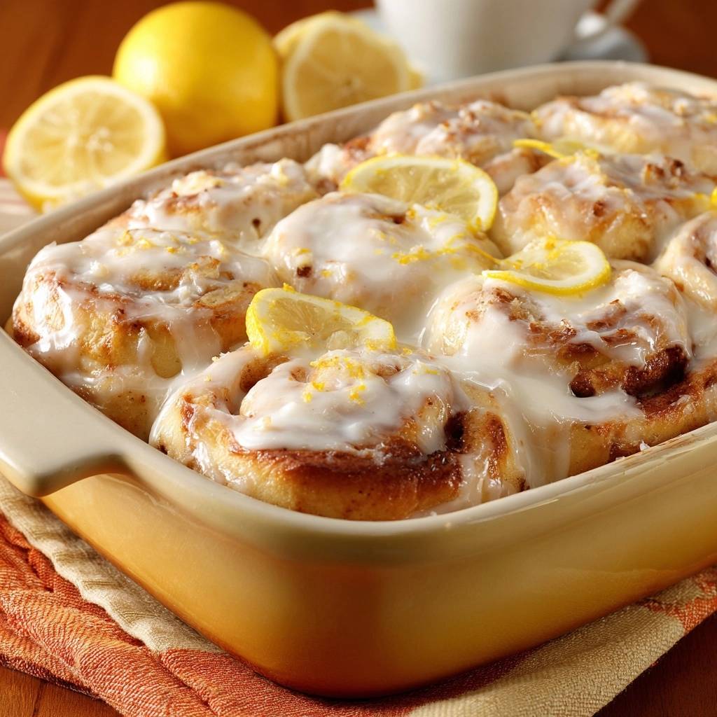 Zitronige Zimtschnecken, frisch gebacken und mit Zuckerguss, Zitronenscheiben und Zesten garniert in einer Auflaufform.