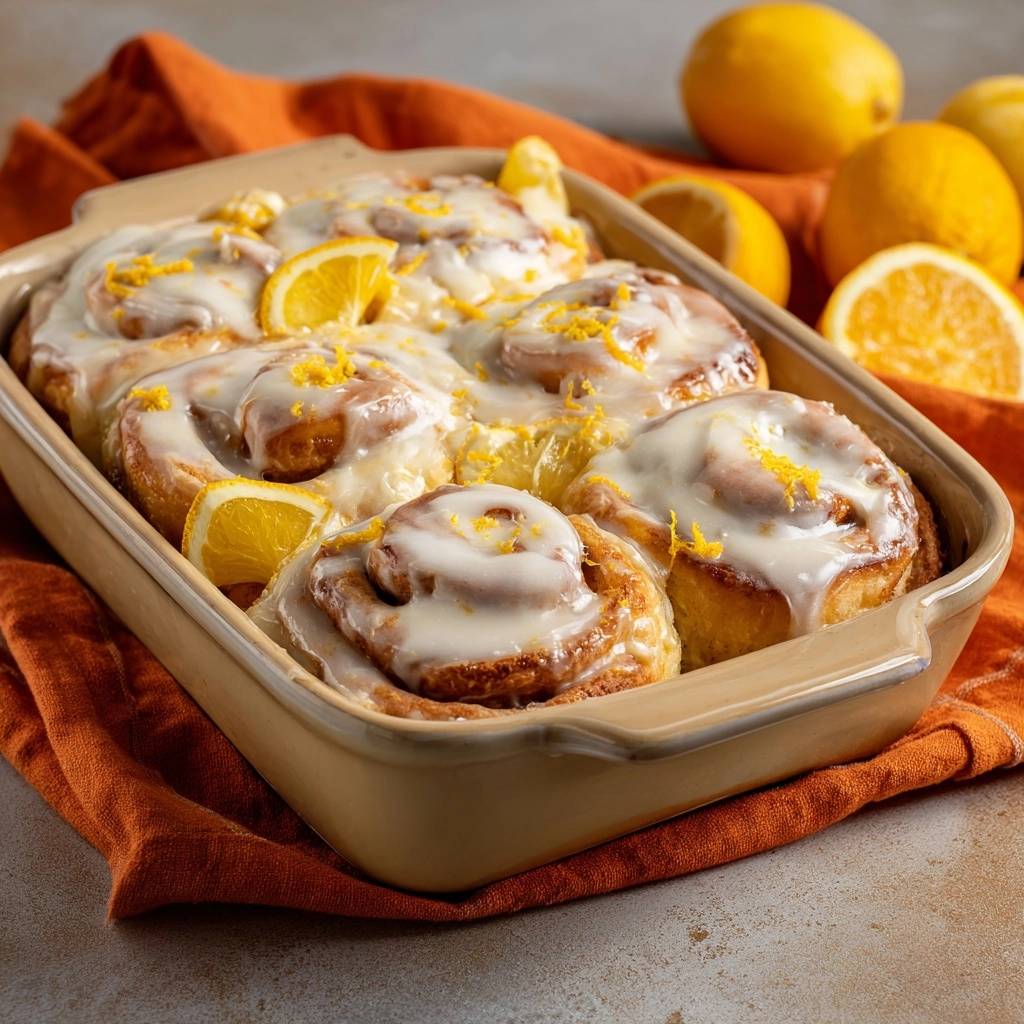 Zitronige Zimtschnecken in einer Nahaufnahme, frisch gebacken und mit einer reichhaltigen Glasur überzogen, die mit Zitronenschale garniert ist.