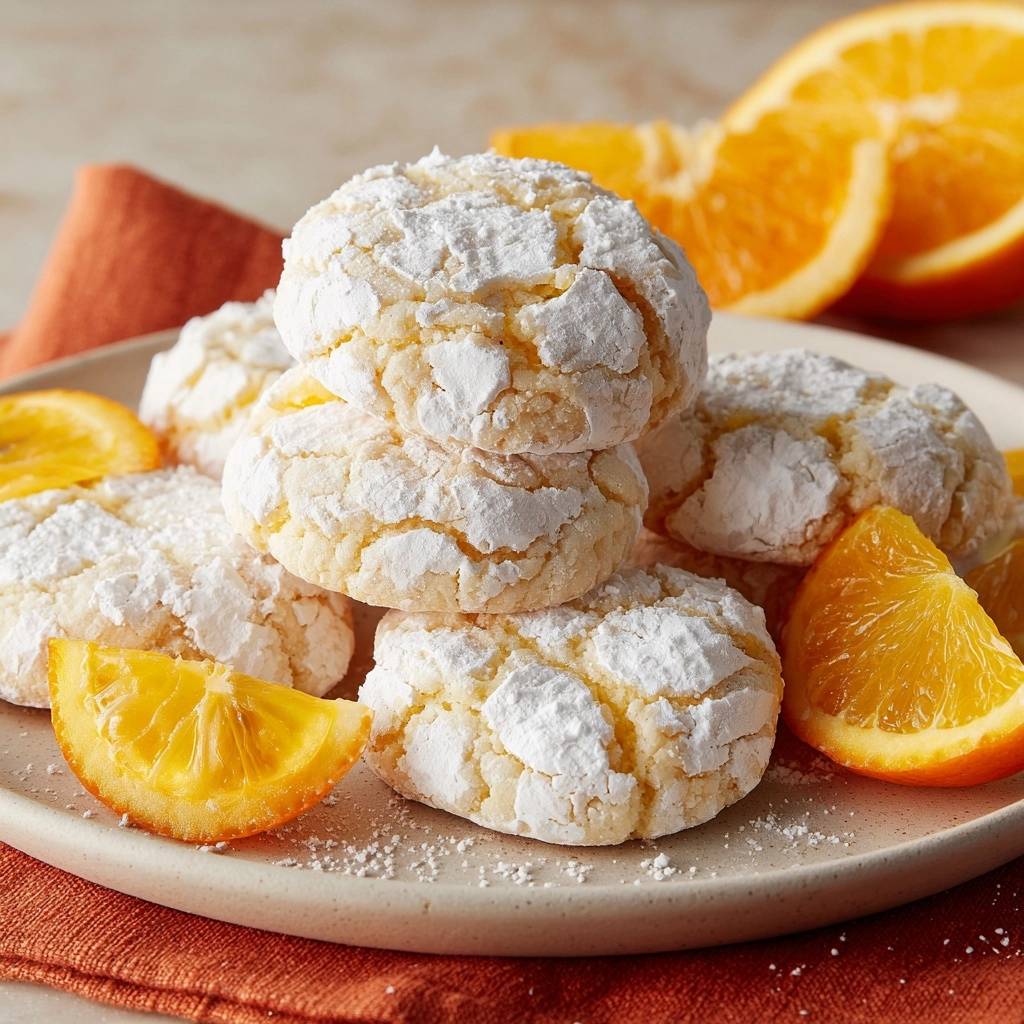 Zitrus-Schneekekse serviert auf einem hellen Teller mit frischen Orangen-Spalten, die Textur der Schneekekse ist deutlich zu sehen.