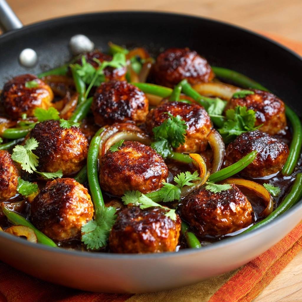 Glasierte Rindfleisch-Bällchen mit grünen Bohnen